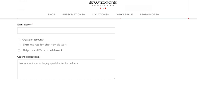 Swings Coffee Newsletter Form Checkbox Example