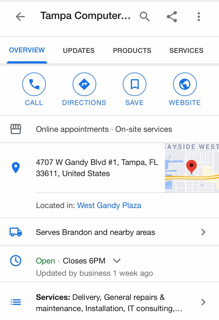 Google Business Profile (formerly Google My Business profile) example screenshot