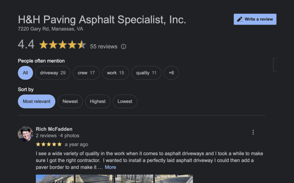 H&H Paving Google My Business profile